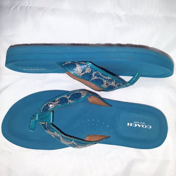 COACH • Teal Blue Signature Flip Flop Sandals • Sz 10 - Picture 2 of 4